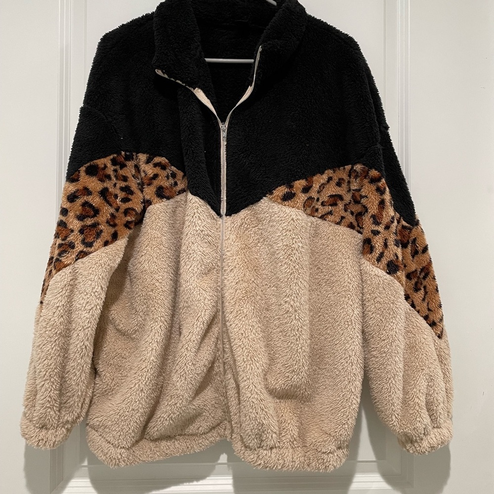 fluffy color block jacket